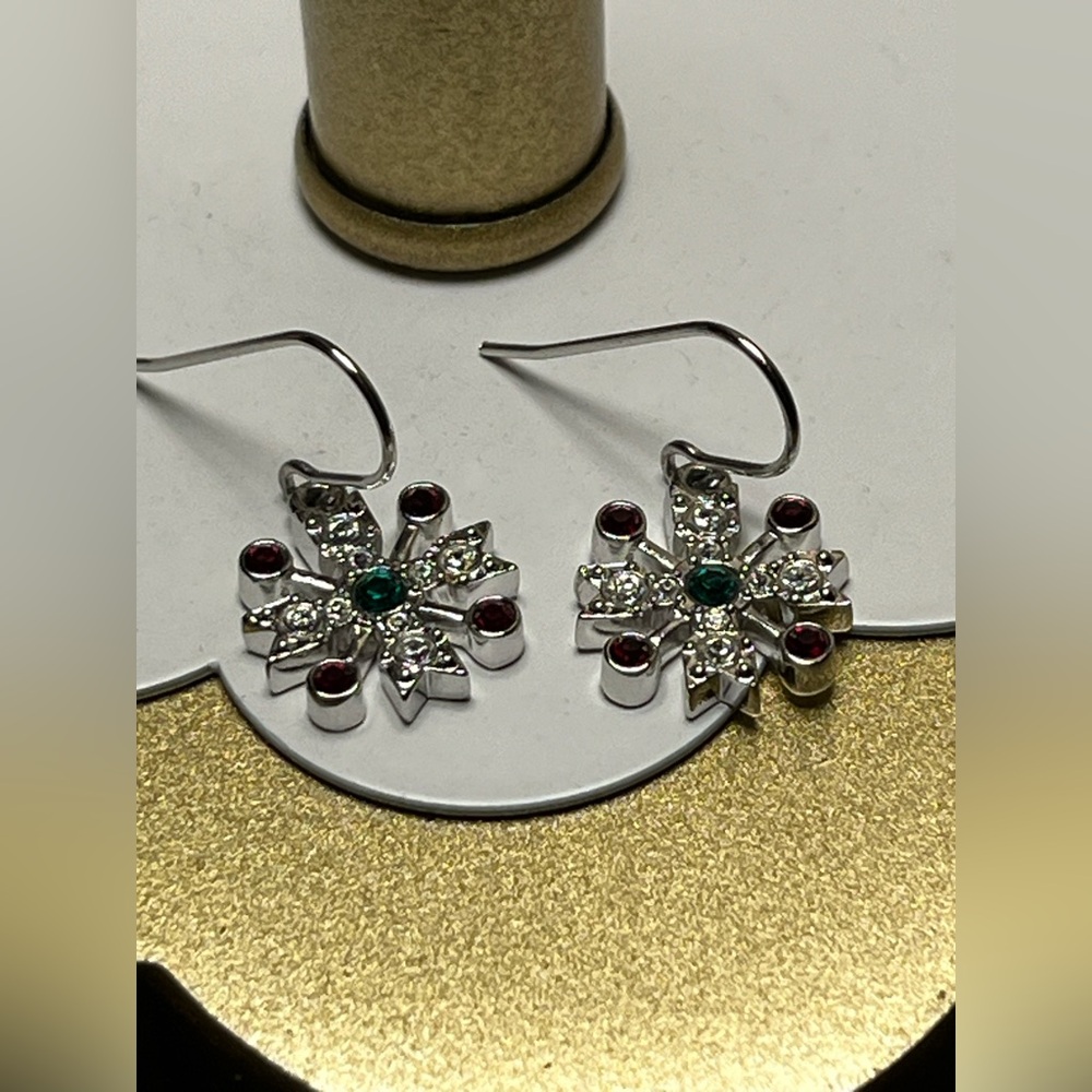 Swarovski Silver Snowflake Earrings with Green and Red Stones
